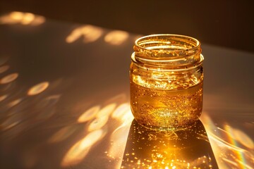 A jar of liquid is sitting on a table, with a light shining on it
