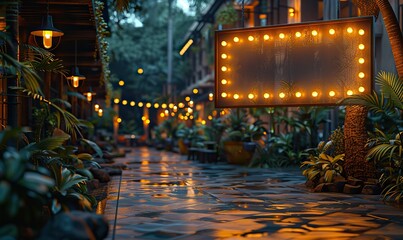 Obraz premium Stunning outdoor night scene featuring a luxurious resort or hotel with an elegant reception area and a stylish restaurant, offering a customizable blank signboard. illustration images