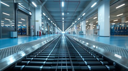 A view of an empty black conveyor belt running through a spacious and well-lit industrial hall with blue machinery on one side and large windows on another.