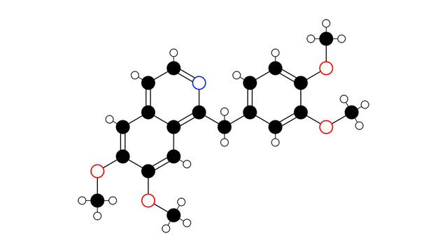 papaverine molecule, structural chemical formula, ball-and-stick model, isolated image central alpha-agonists