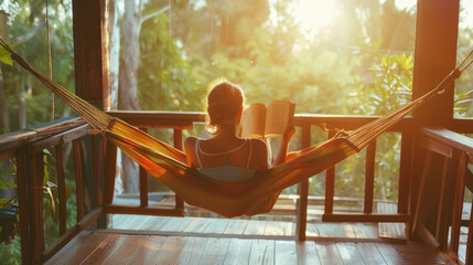Person reading a book in a hammock on a sunny porch