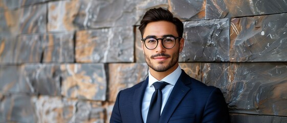 Young businessman in suit before office building background,copy space concept,mockup template.