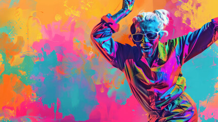 Elderly woman dancing in vibrant colorful paint splatter background, wearing sunglasses, celebrating joy and freedom