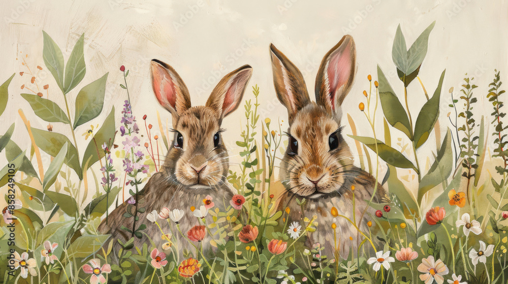 Wall mural Rabbits hiding in tall grass with blooming wildflowers