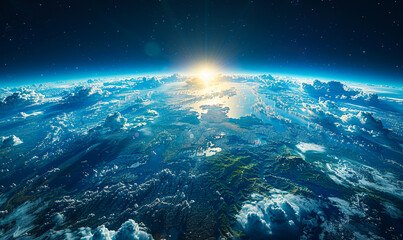Stunning Photorealistic 3D Render of Earth in Space Featuring Sunrise Over Asia and Japan, Global Concept, Environmental Beauty