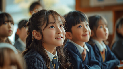 Obraz premium A group of Japanese elementary school students back at school, Ai generated Images