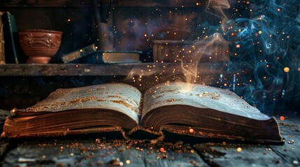 Photo of an open book, light comes out.