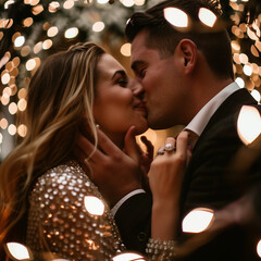A detailed image of a couple sharing a kiss right after the proposal, with the woman showing off her engagement ring to the camera, surrounded by twinkling fairy lights and a festive atmosphere