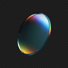 3d crystal glass plate with rainbow, holographic effect isolated on dark background. Render transparent glass disk, product podium or mirror with iridescent gradient texture. 3d vector figure