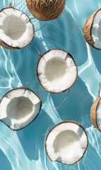 A close up of a blue body of water with a bunch of coconuts floating on it