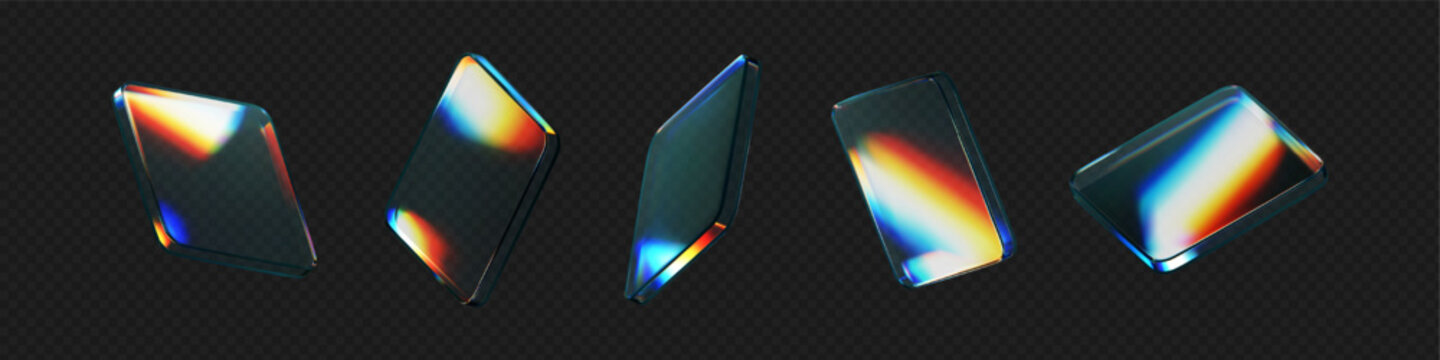 3d glass square shapes set with refraction and holographic effect isolated on black background. Render transparent crystal glass button with dispersion light, rainbow gradient. 3d vector illustration
