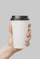 Hand Holding White Takeaway Coffee Cup Mockup with Black Lid for Beverage Product Branding and Design - Generative ai