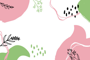 Summer vector frame, brush shape abstract background, hand drawn lines, spots, floral branches, graphic illustration in pastel colors for poster, flyer, card. Copy space
