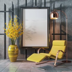 Modern Interior with Yellow Lounge Chair, Floral Arrangement, and Empty Frame - Generative ai