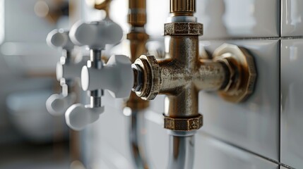 Close up of a mixed angle valve plumbing concept brass interior white backdrop