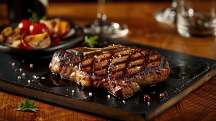 Close-up of a perfectly grilled steak with appealing grill marks served on a wooden table beside a plate of roasted vegetables, ready to eat.