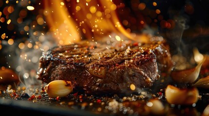 Juicy grilled steak with garlic cloves and flaming fire. Perfect for culinary, food, and gourmet stock photos.