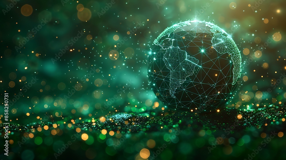 Wall mural global network concept globe with interconnected lines on greenish-blue bokeh background