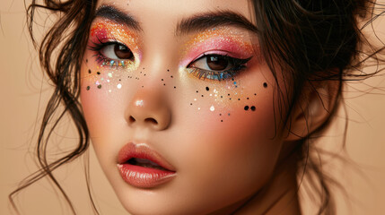 Fototapeta premium Close-up of woman with artistic glitter makeup and colorful eyeshadow on beige background