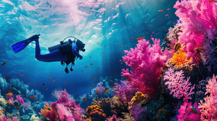 Obraz premium Scuba diver exploring a colorful coral reef