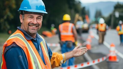 Obraz premium Smiling construction worker in safety gear standing in front of a roadwork scene. Background shows other workers in high-visibility clothing and hard hats. Ideal for illustrating teamwork 
