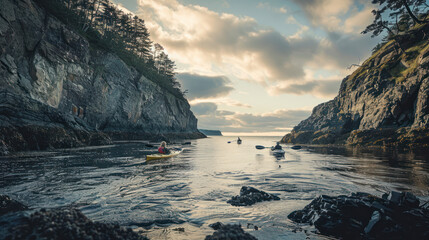 Fototapeta premium Sea kayakers paddling along a rocky coastline