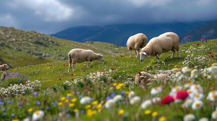 Obraz premium Sheep grazing on a grassy hill with wildflowers