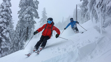 Skiers navigating a challenging downhill run
