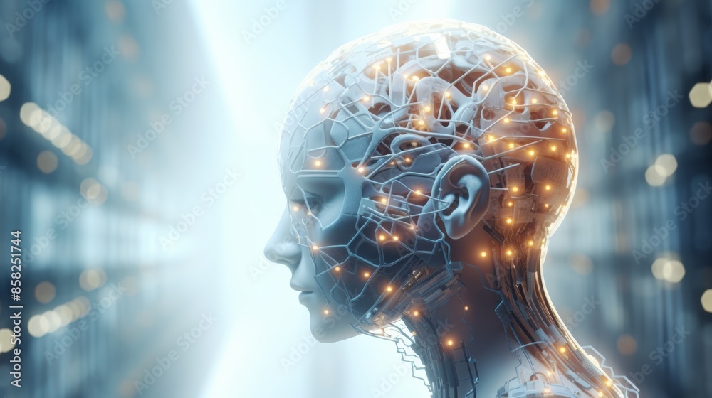 Poster A digital brain accessing and processing vast amounts of information, becoming a repository of human knowledge.
