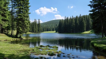 Fototapeta premium a beautiful forest lake surrounded by tall trees, with a clear blue sky and calm water, showing the shore and distant hills covered in pine forests.