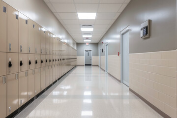 Fototapeta premium modern minimalistic hallway in an elementary school. The lockers are uniformly arranged along the walls, and the neutral color palette of the walls and floor enhances the calm, ord