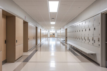 Fototapeta premium modern minimalistic hallway in an elementary school. The lockers are uniformly arranged along the walls, and the neutral color palette of the walls and floor enhances the calm, ord