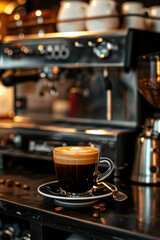 Fototapeta premium Captivating Image of a Freshly Brewed Coffee on a Modern Espresso Machine at a Cozy Cafe for Coffee Aficionados and Enthusiasts
