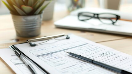 Organized stack of completed consumer survey forms on a clean, neat desk. Consumer survey answer form