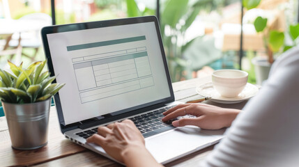 Fototapeta premium Focused on consumer survey form on laptop screen, person typing. Consumer survey answer form