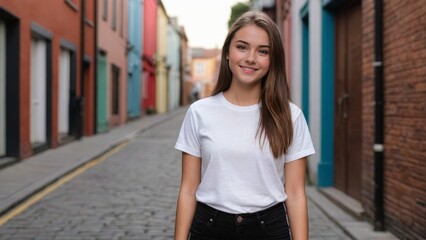 Fototapeta premium Teenage girl wearing white t-shirt and black jeans standing in a city alley
