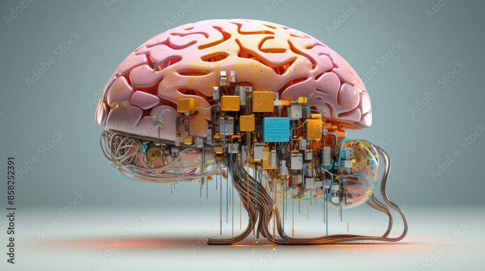 Poster A digital brain morphing into various shapes and forms, symbolizing the adaptability and plasticity of the human brain.