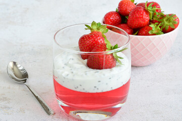 a glass of strawberry jam with strawberries and yogurt 