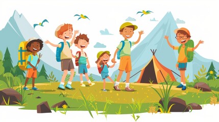 Obraz premium The summer camp poster. A child's journey, a comic style ad brochure design for school children, a fun adventure modern image.