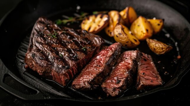 Juicy grilled steak sliced and served in a cast iron skillet with roasted potatoes, garnished with herbs, perfect for a gourmet meal.