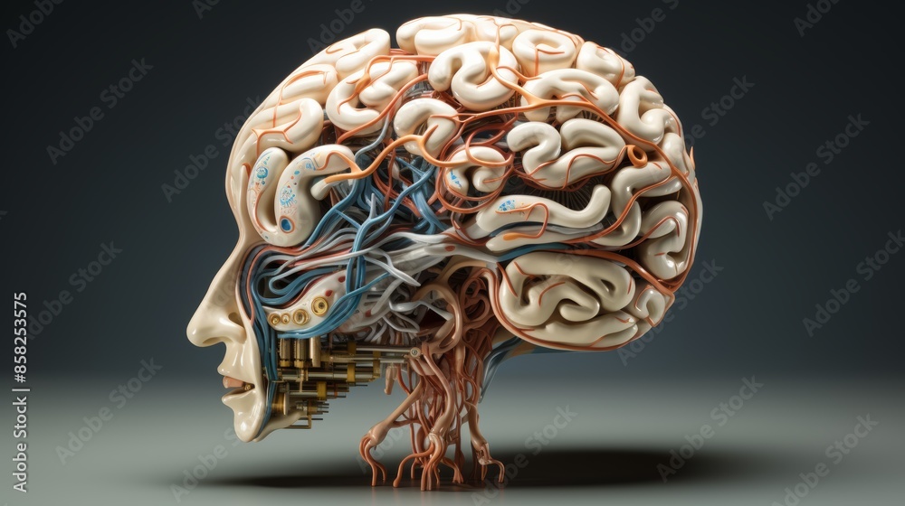 Aufkleber A digital brain rendered in a photorealistic style, capturing the intricate details of its neural networks.