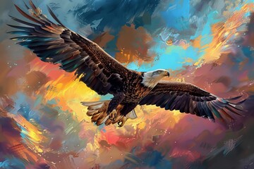 Obraz premium Capture a majestic eagle in flight from a worms-eye view, with a vibrant sky as the backdrop, using digital painting techniques,