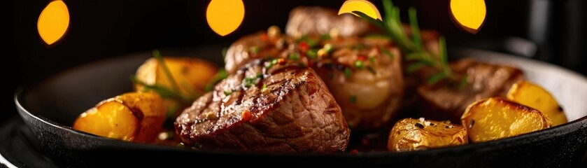 Grilled steak and roasted potatoes served on a black plate garnished with fresh rosemary and chives under warm lighting.