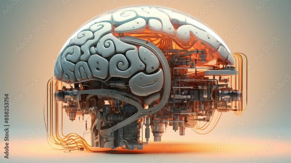 Poster a digital brain rendered in a retrofuturistic style, evoking a sense of nostalgia for the future.