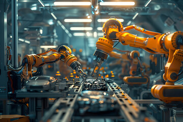 A high-tech factory with robots on an assembly line, manufacturing car body parts efficiently.