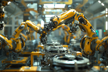 A high-tech factory with robots on an assembly line, manufacturing car body parts efficiently.