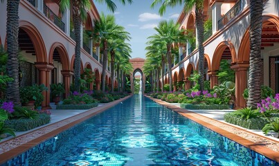 Exotic getaway destination featuring opulent resort design with archways, water features, and lush palace gardens, perfect for classic Arabian-inspired tourism. illustration images