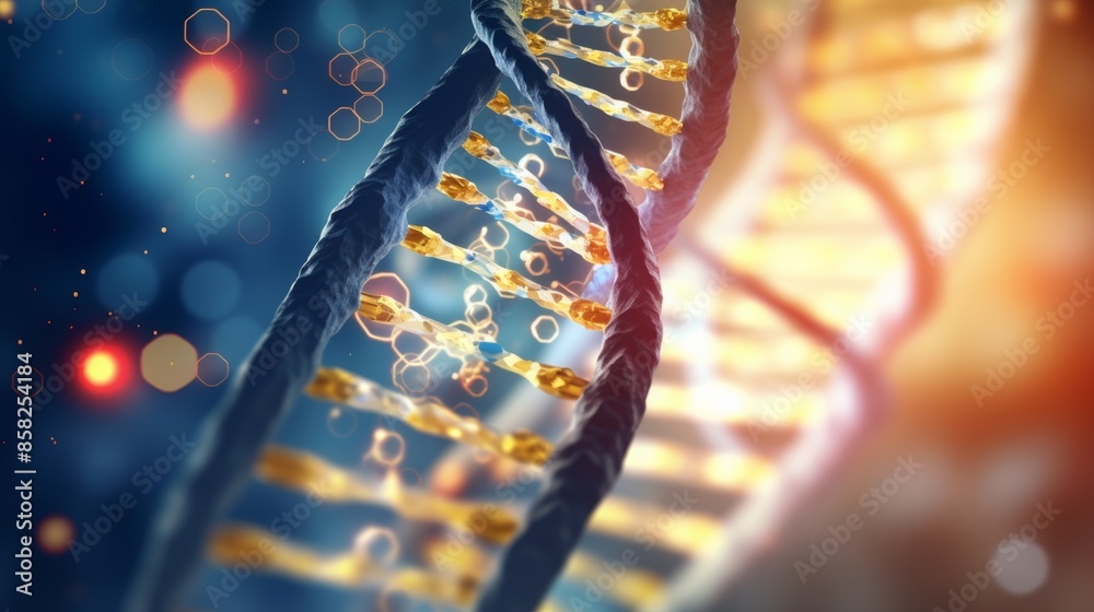 Poster a dynamic animation of a digital dna molecule, its structure seamlessly merging with a human cell, h