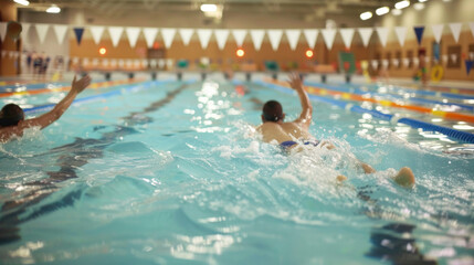 Obraz premium Swimmers training in an Olympic-size pool