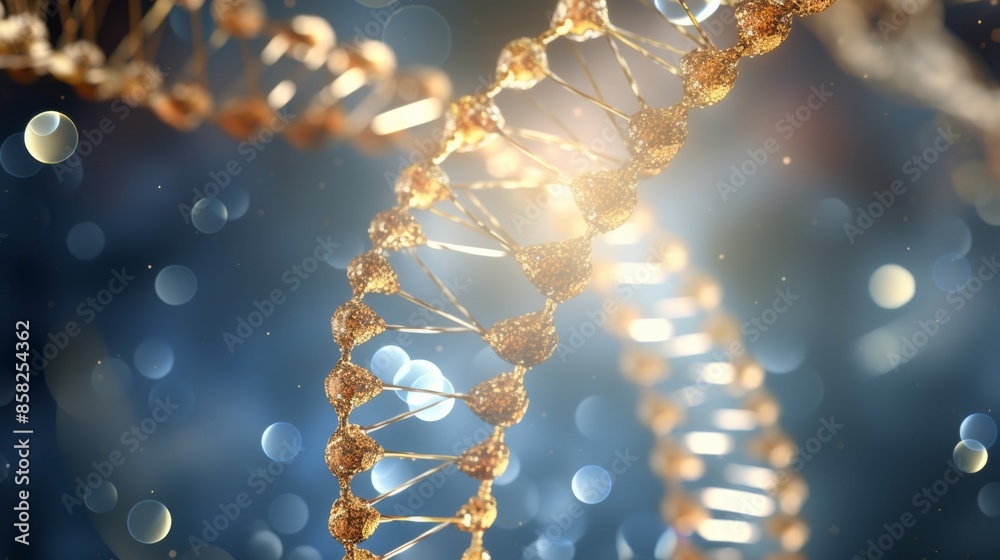 Aufkleber A dynamic animation of a digital DNA molecule, its structure seamlessly merging with a human cell, highlighting the central role of DNA in cellular processes.